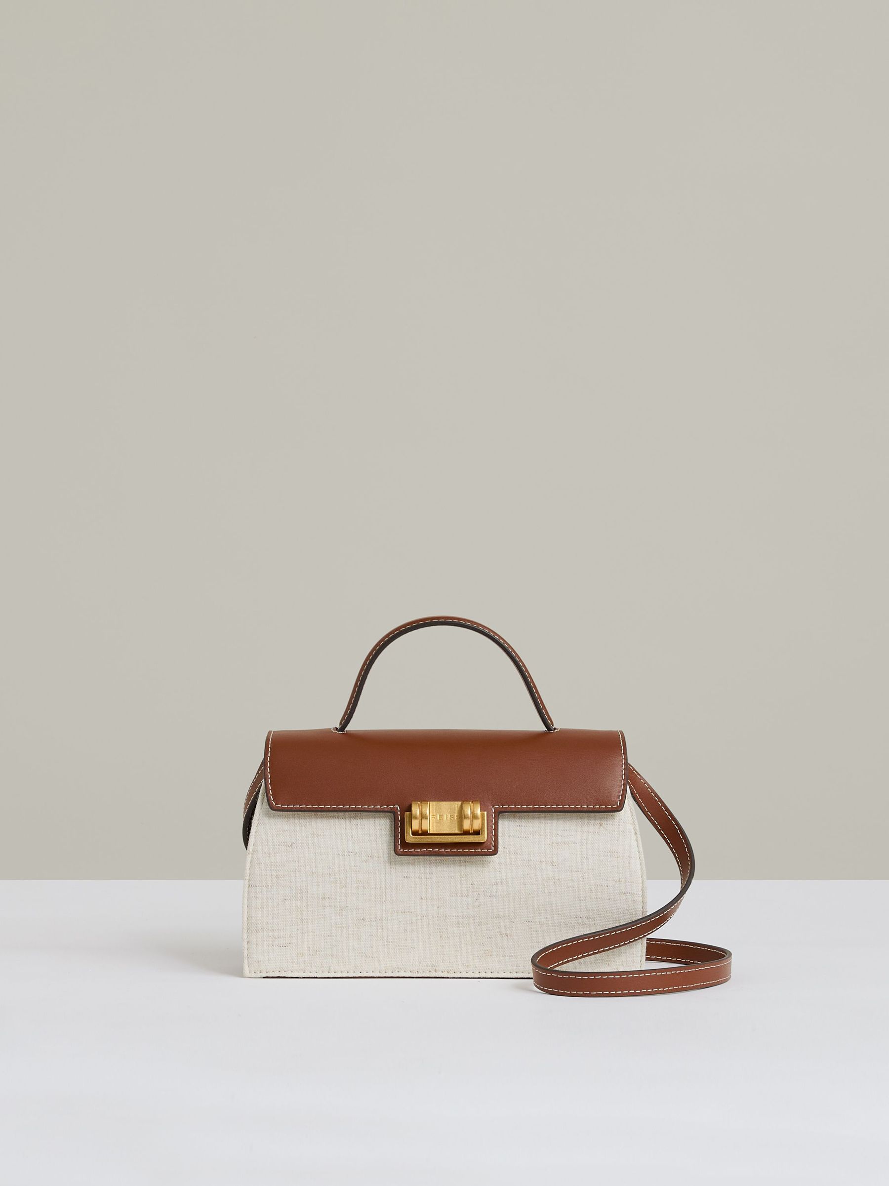 Leather And Cotton Top Handle Bag in Natural (AY5833) | €240