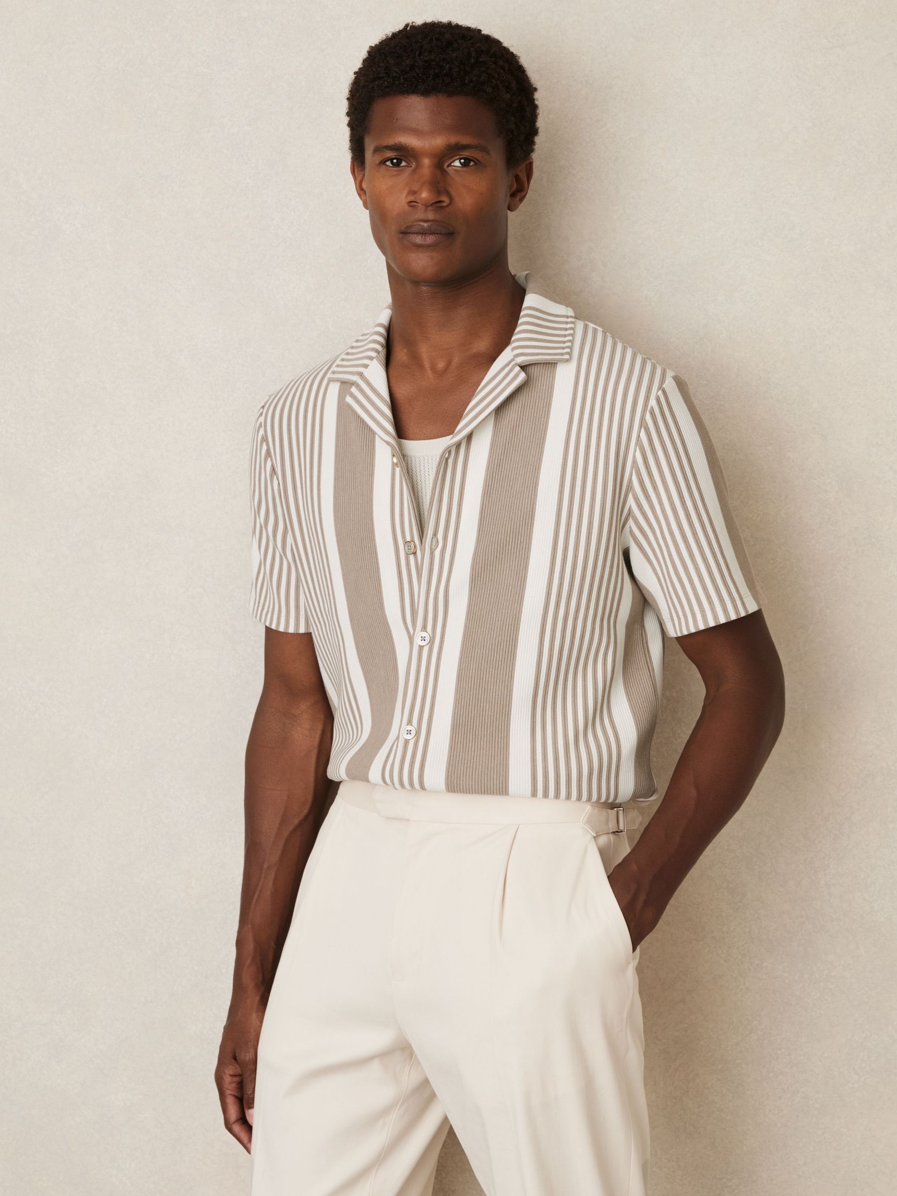 Stripe Ribbed Cuban Collar Shirt in Oatmeal/White (AY6531) | €125