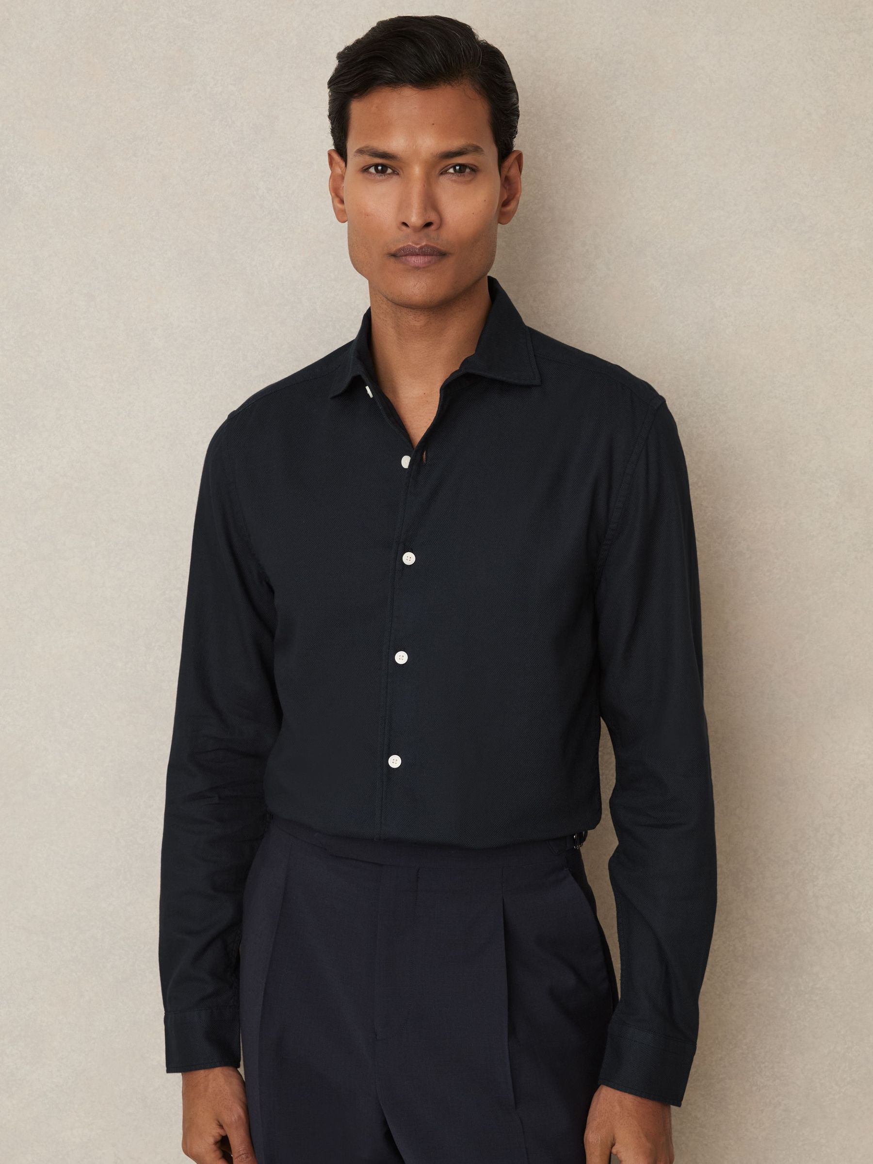 Cotton-Piqué Garment-Dyed Shirt in Navy (AY6551) | 275 QAR
