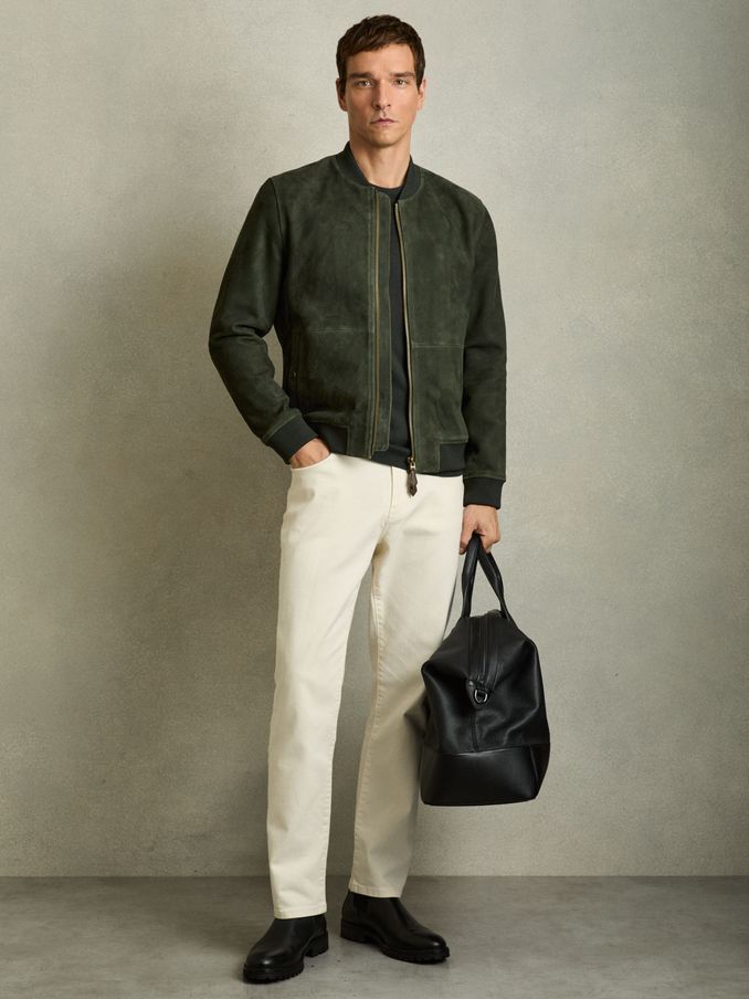 Leather-Sleeve Suede Brick Bomber Jacket in Antique Dark Forest Green (AY6553) | US$735