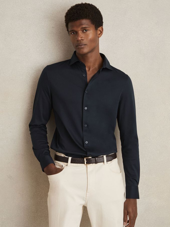 Cotton-Jersey Button-Through Shirt in Navy (AY7477) | €95
