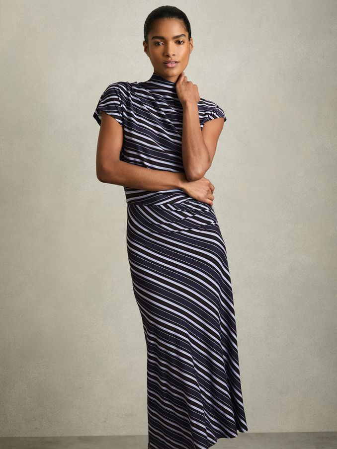 Petite Stripe-Print Draped Midi Dress in Blue (AY7485) | US$240
