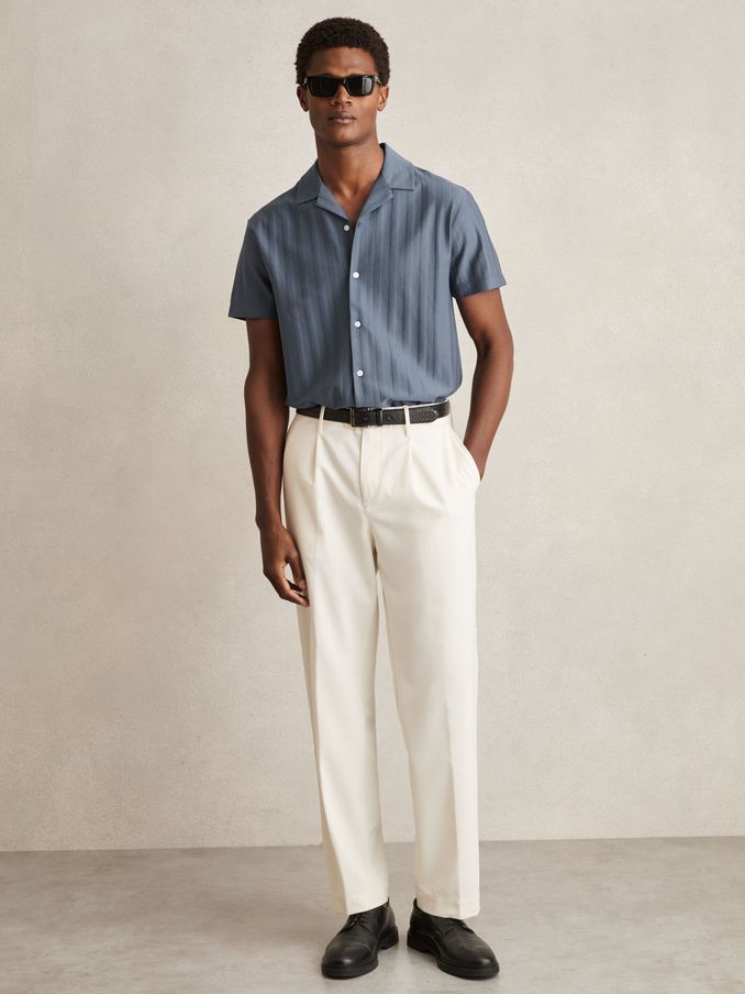 Cotton Textured Cuban-Collar Shirt in Airforce Blue (AY7490) | US$110