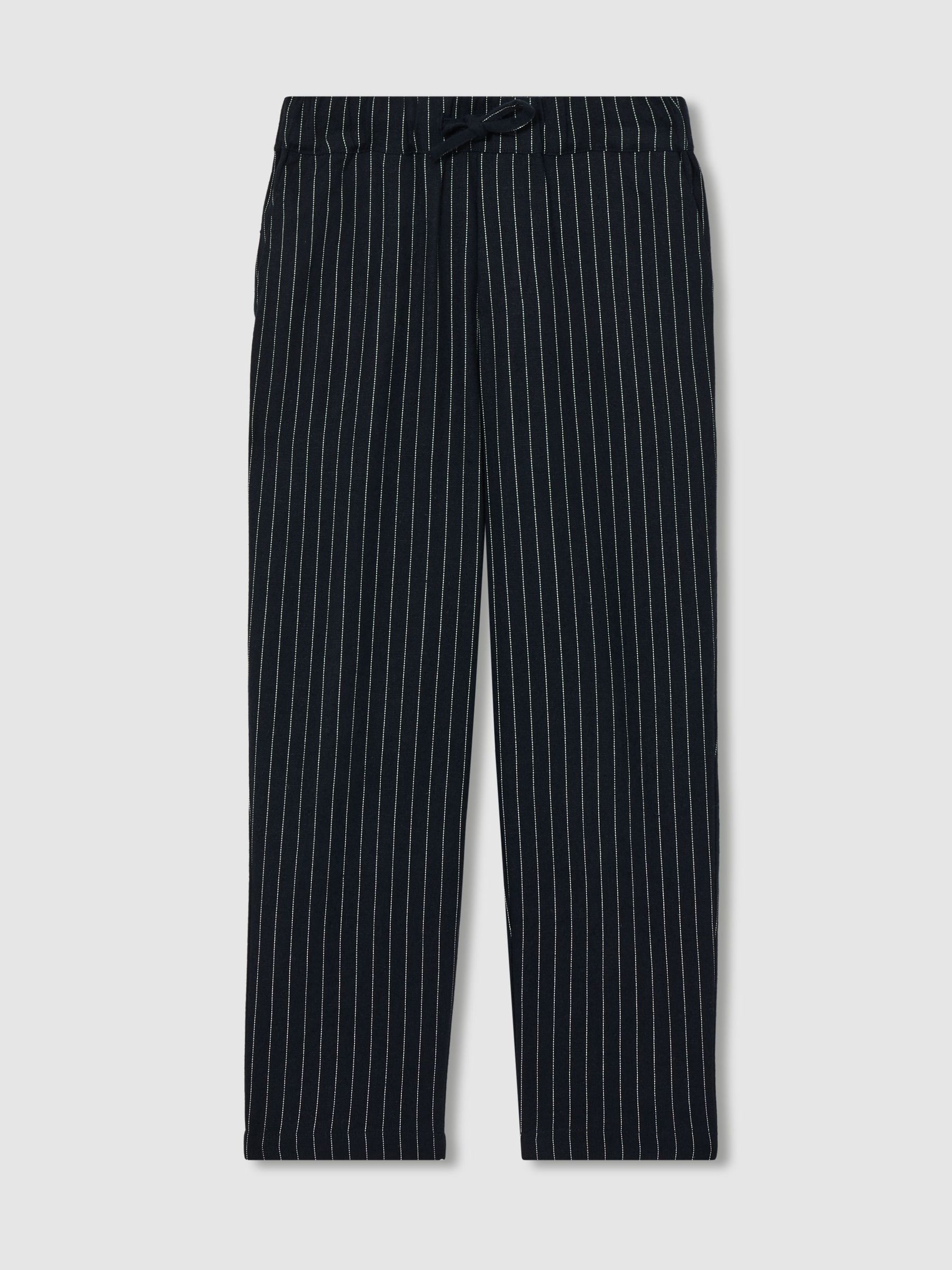 Linen-Blend Drawstring Trousers in Navy Stripe (AY7516) | $80