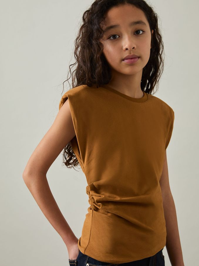 9-13 yrs Cotton Jersey Cap Sleeve Ruched Top in Tan (AY7526) | €35