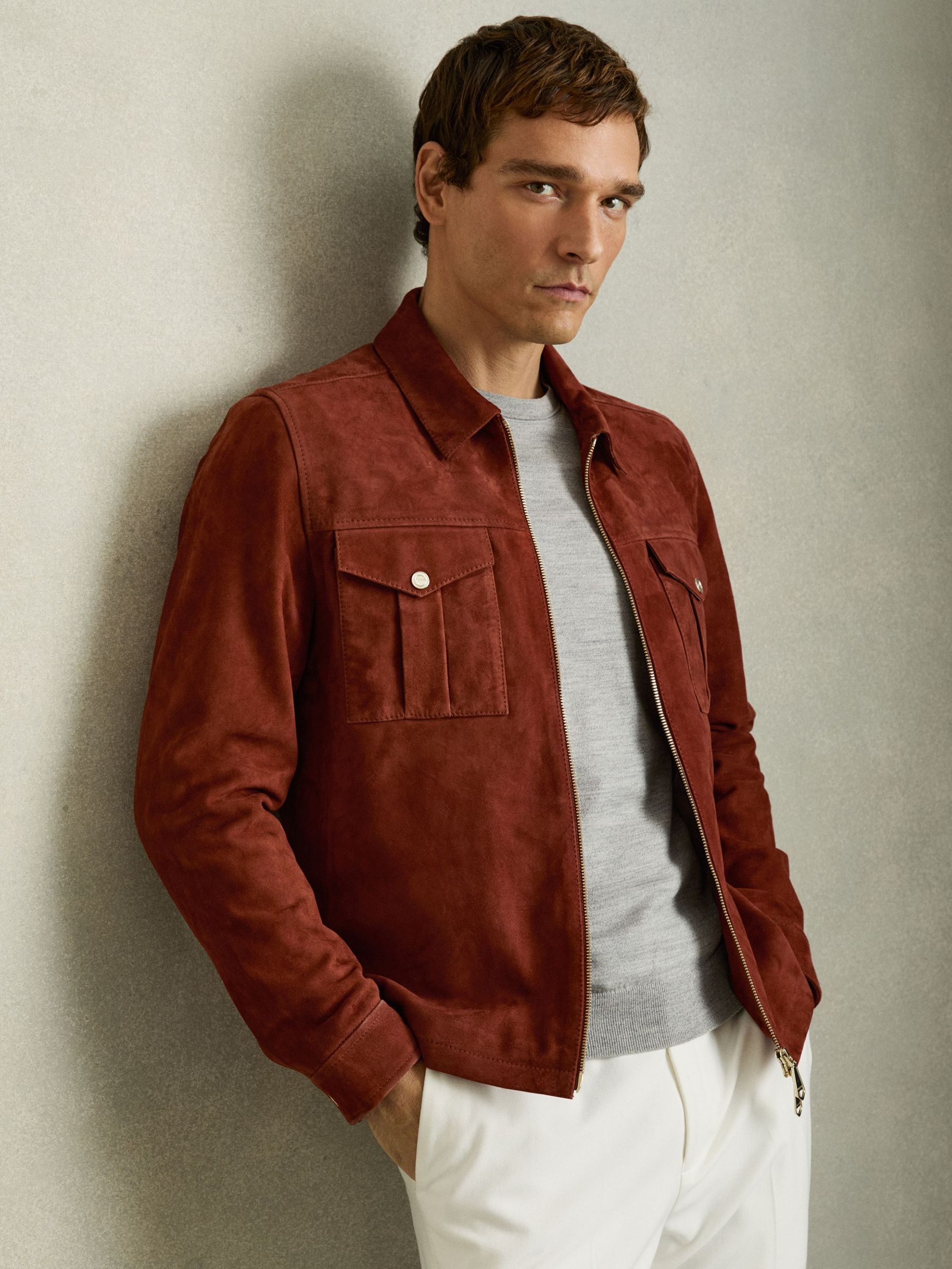 Suede Zip-Through Shirt Jacket in Burnt Red (AY7668) | €570