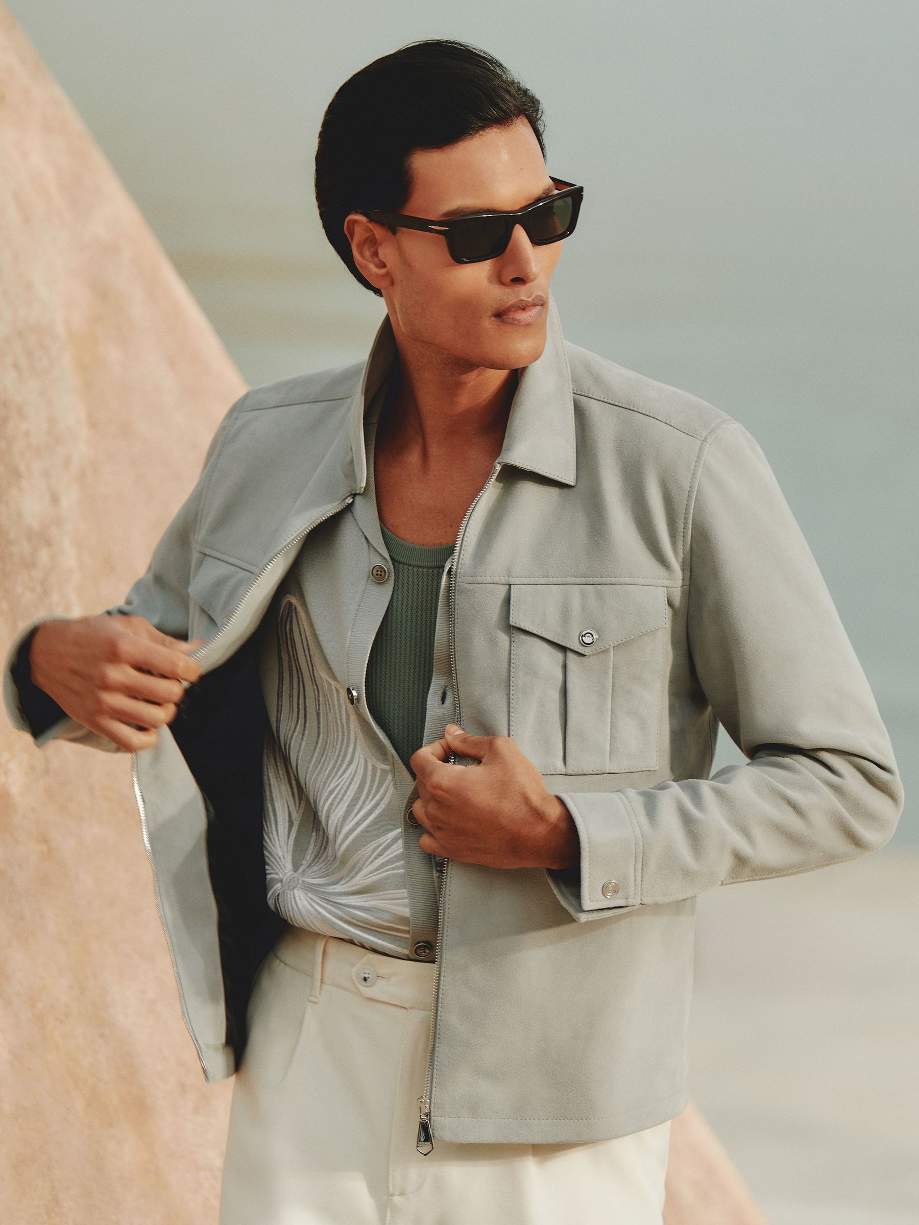 Suede Zip-Through Shirt Jacket in Soft Blue (AY7670) | $655