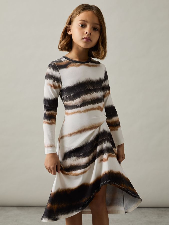 9-13 yrs Printed Jersey Ruched Midi Dress in Ivory Print (AY8087) | €85