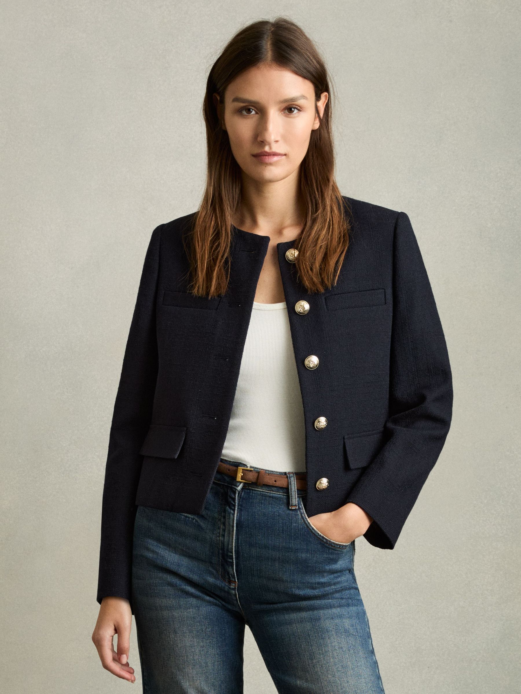 Cropped Wool Single Breasted Jacket in Navy (AY8328) | €325