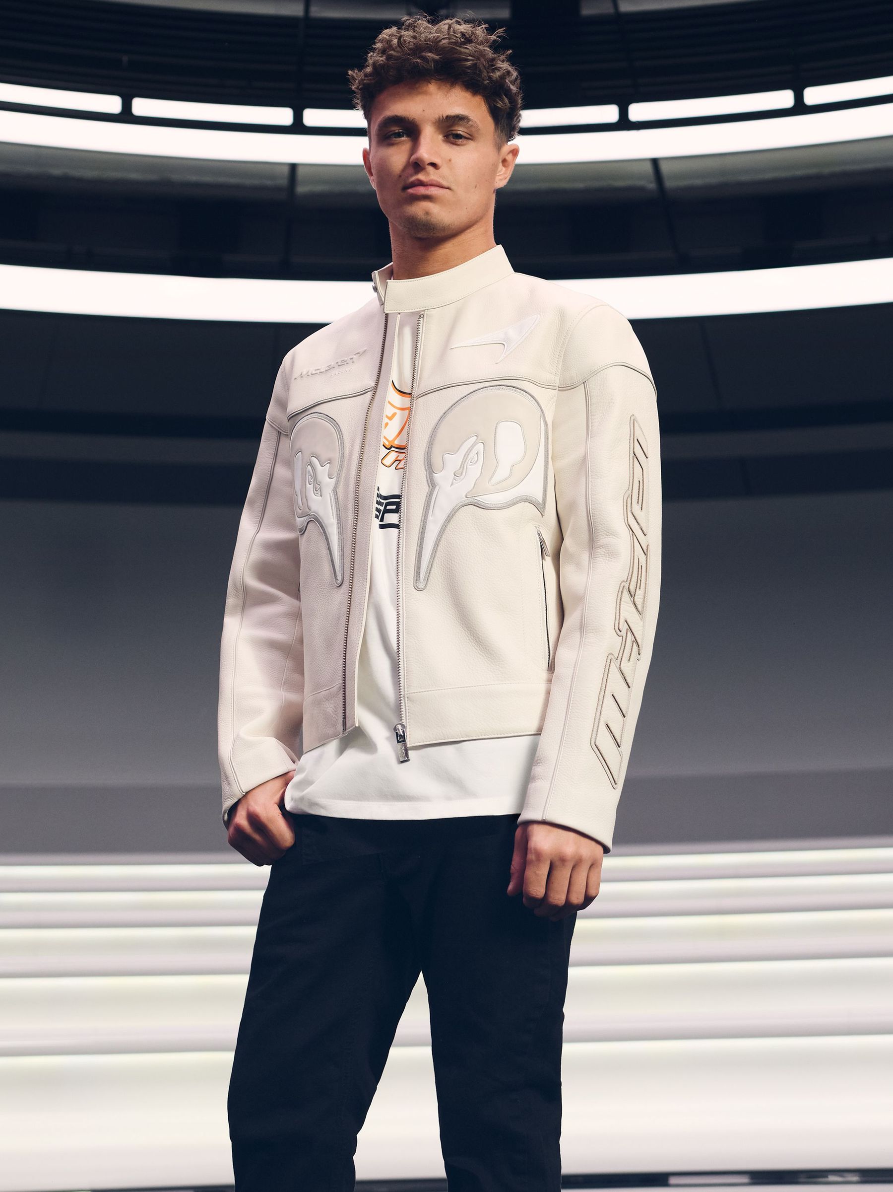 McLaren F1 Team Leather Biker Jacket in Off White (AY8334) | €1,845