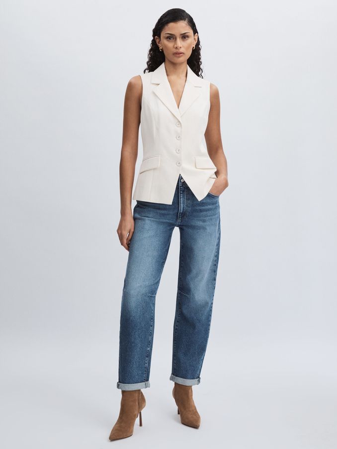 Paige Barrel Leg Turn-Up Rolled Cuff Jeans in Ryland Blue (AY8420) | €420
