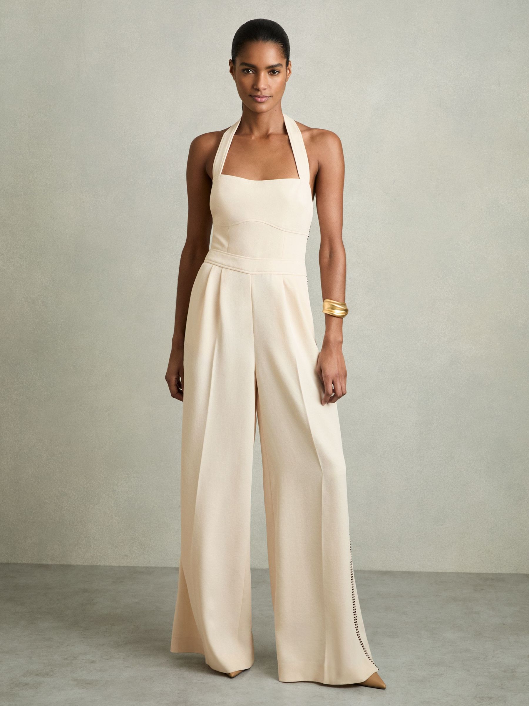 Petite Embroidery Halterneck Wide-Leg Jumpsuit in Cream (AY8839) | US$480