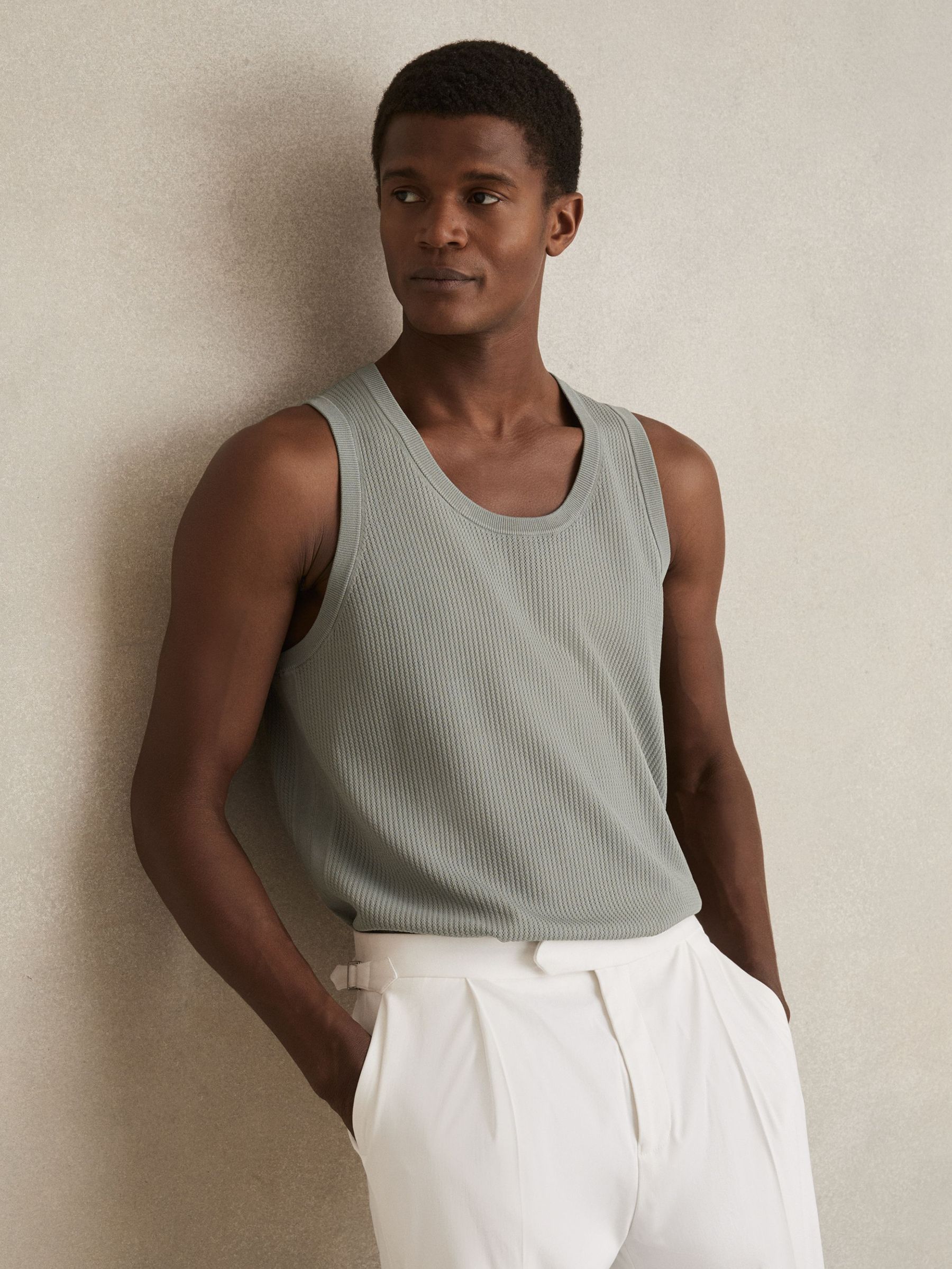 Textured Crew Neck Ribbed Vest in Sage Green (AY8842) | US$110