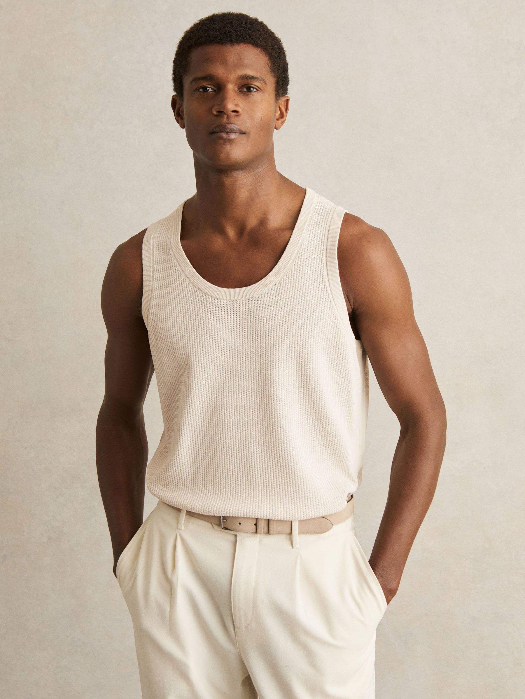 Textured Crew Neck Ribbed Vest in Off White (AY8844) | US$110
