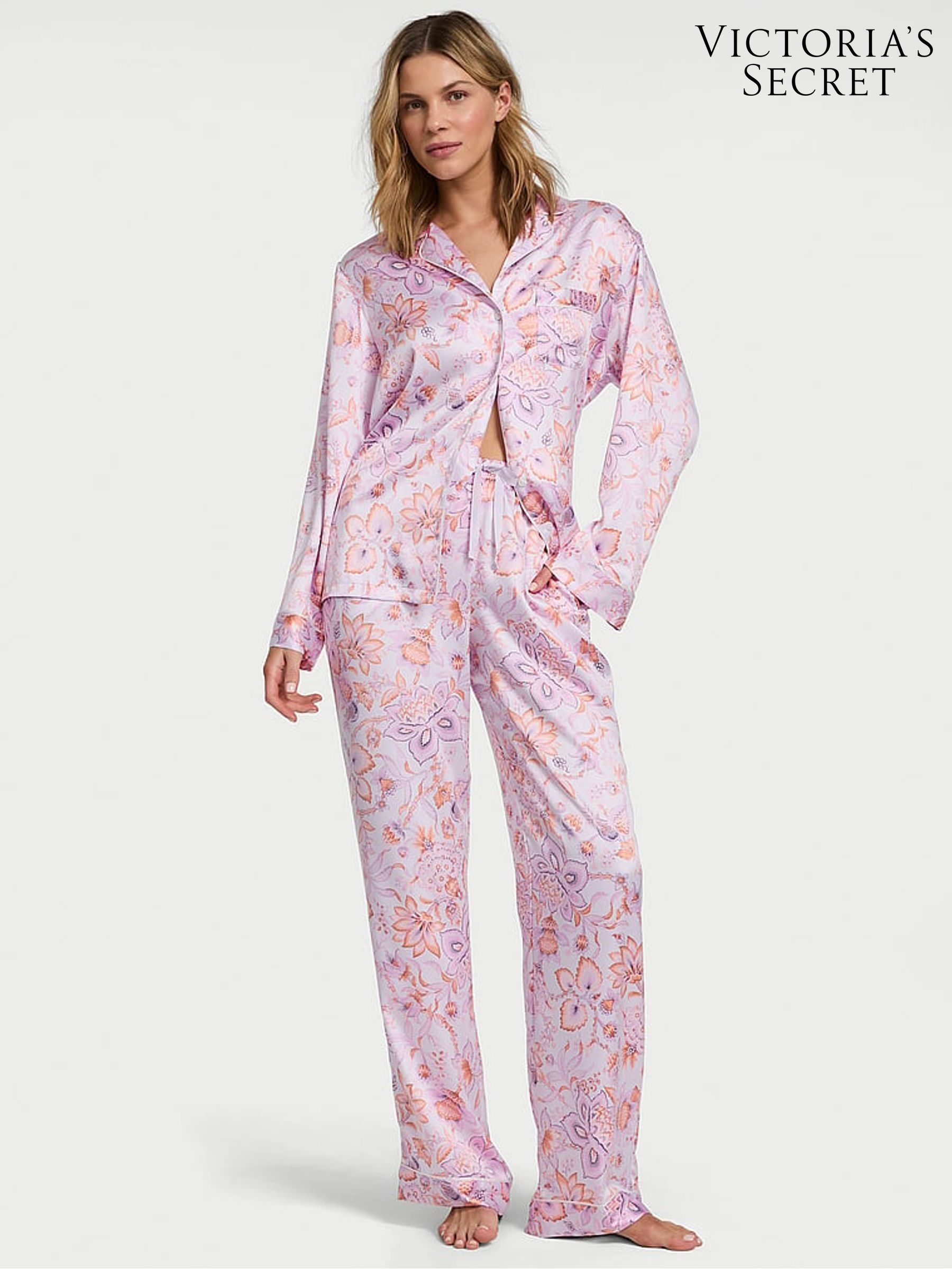Purple Floral Satin Long Pyjama Set (AY9081) | €79