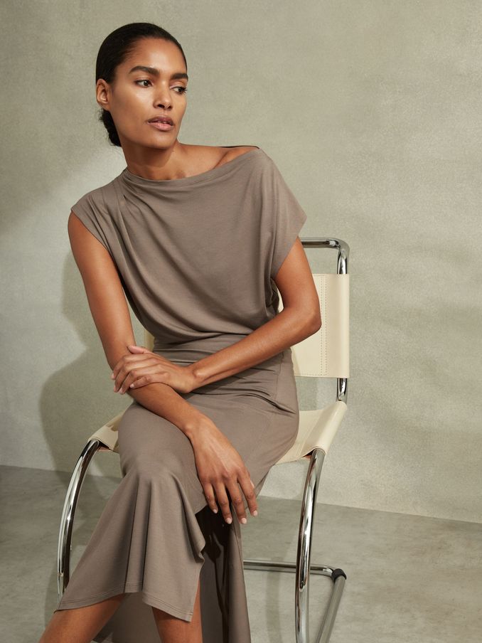 Ruched Jersey Midi Dress in Mocha (B00255) | $64