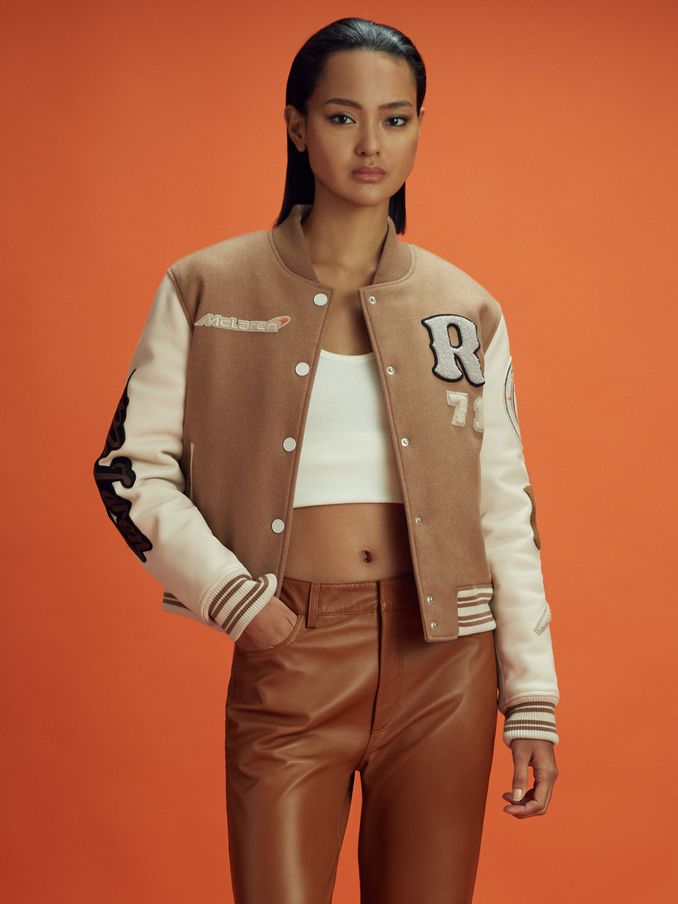 McLaren F1 Leather Varsity Jacket in Camel/Ecru (B01862) | HK$6,446