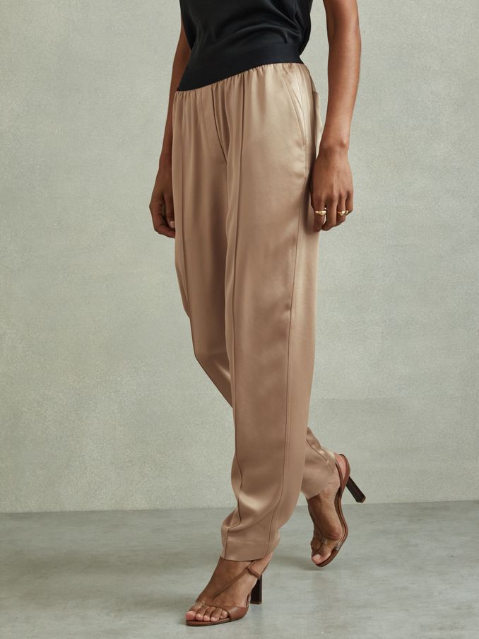Elea Champagne Satin Elasticated Tapered Trousers (B02003) | US$73