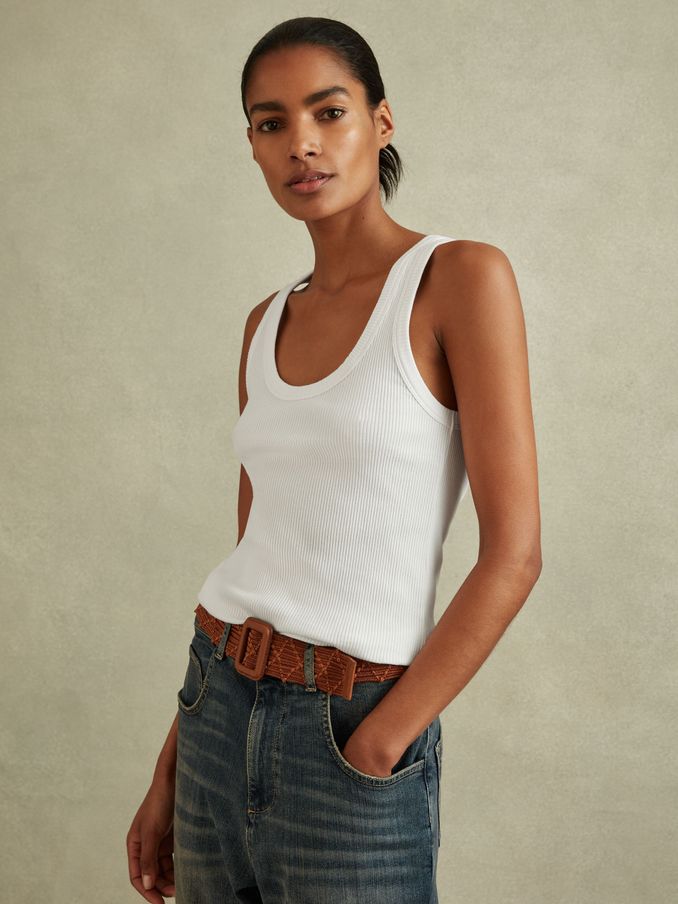 Ribbed Cotton Blend Vest in White (B02271) | $41
