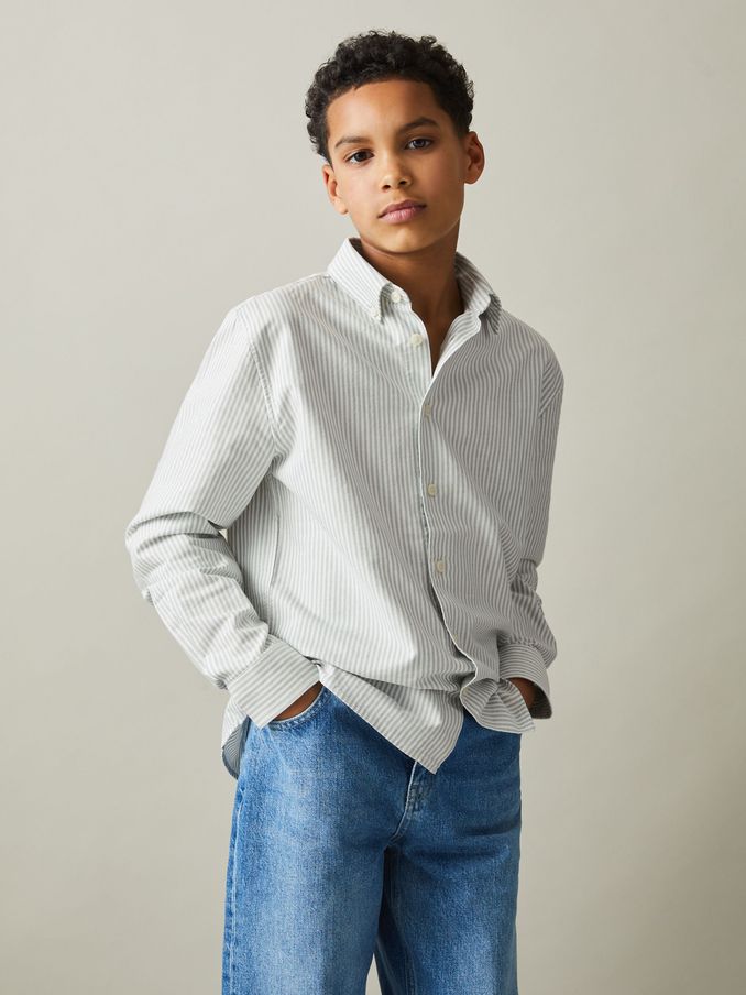 9-13 yrs Cotton Striped Oxford Shirt in Green/Offwhite (B02808) | US$34