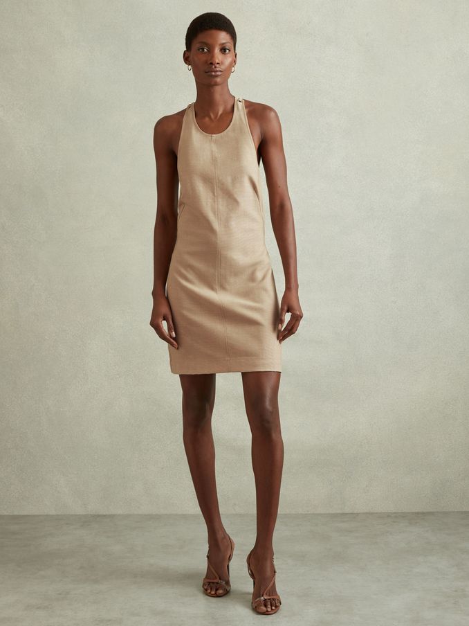 Wool Strappy Tie Back Mini Dress in Neutral (B04593) | 318 SAR