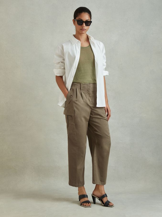 Cotton Blend Tapered Combat Trousers in Khaki (B05148) | $137