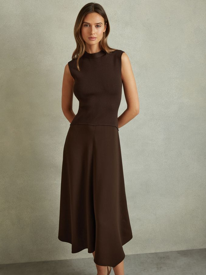 Hybrid Knit Tie Back Midi Dress in Chocolate (B06304) | €195