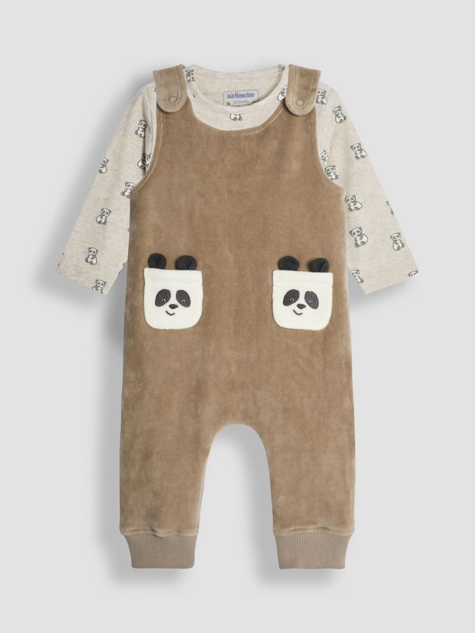 Natural Panda Applique Pocket Dungarees And Top Set (B06315) | $48