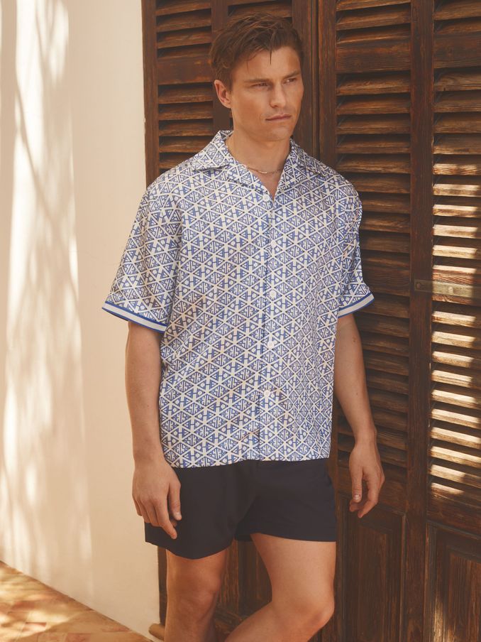 Reiss | Ché Monogram Print Cuff Detail Cuban Collar Shirt in Bright Blue/White (B06374) | US$83