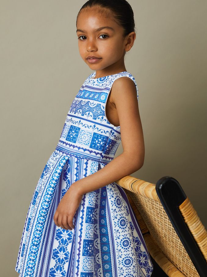 9-13 yrs Tile Print Scuba Fit-and-Flare Dress in Blue Print (B07000) | US$55