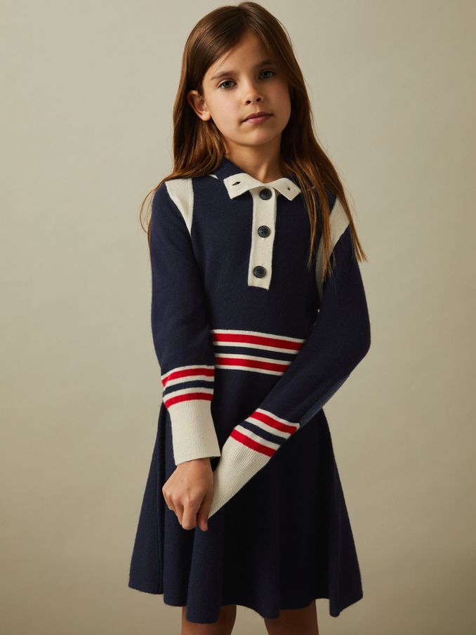 9-13 yrs Knitted Button-Through Funnel Neck Skater Dress in Navy (B10209) | US$74
