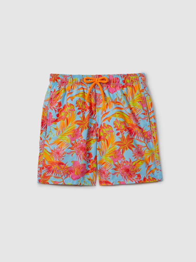 Vilebrequin Tropical Print Drawstring Swim Shorts in Santorin Orange (B10904) | CA$445