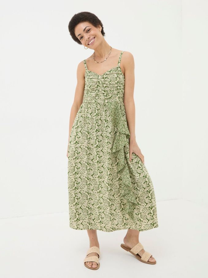 Lucia Green Damask Floral Linen Blend Midi Dress (B10952) | €41