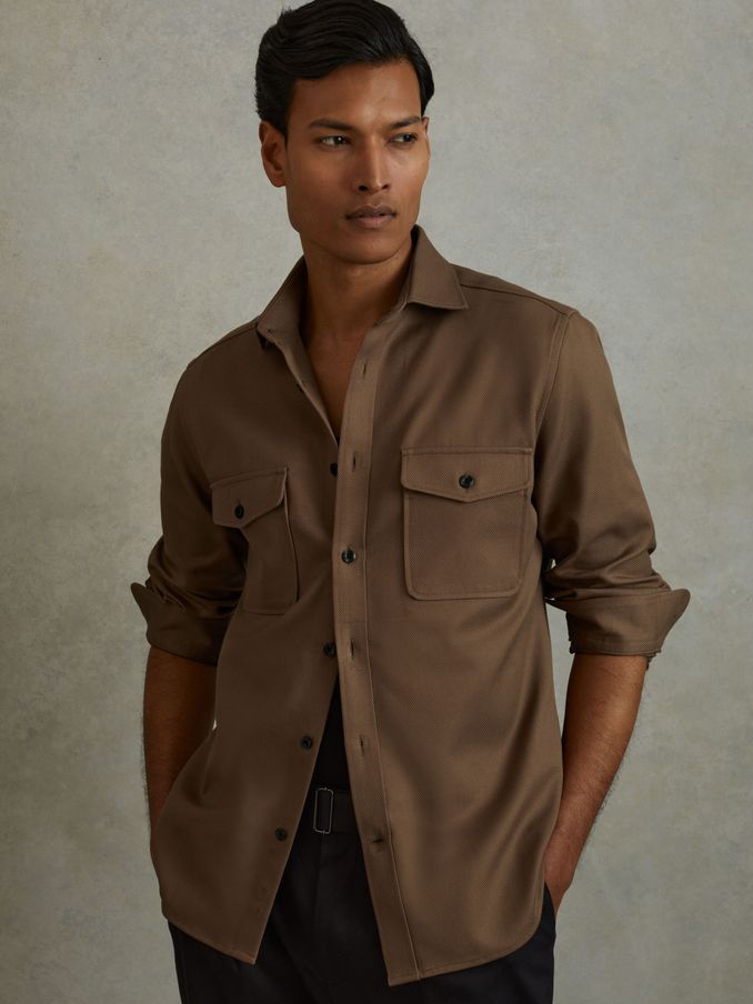 Cotton Canvas Overshirt in Tobacco Brown (B12296) | US$114