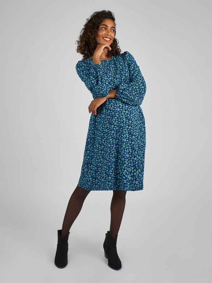 Blue Floral Round Neck Double Layer Maternity & Nursing Dress (B12365) | $73