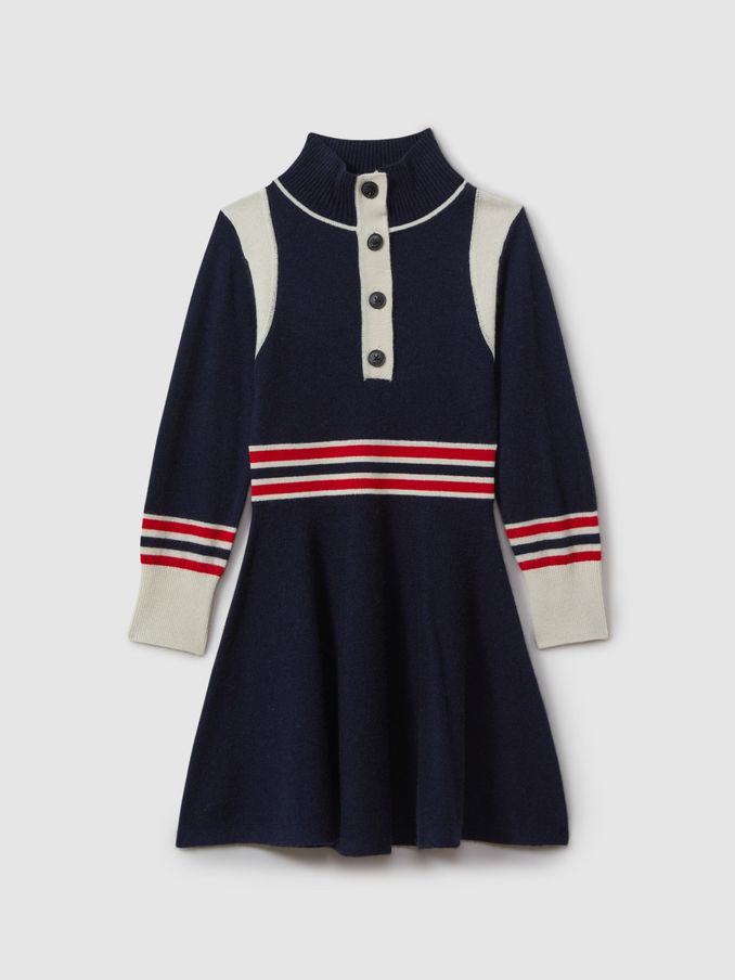 13-14 yrs Knitted Button-Through Funnel Neck Skater Dress in Navy (B12738) | US$73