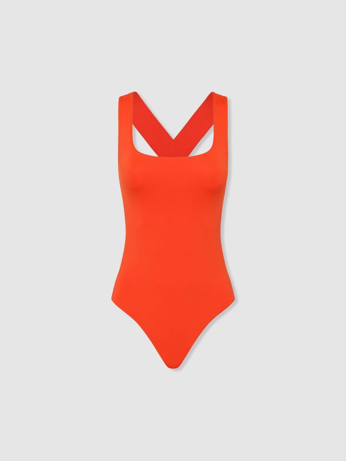 Bondi Born Square Neck Cross Back Swimsuit in Hot Orange (B14581) | US$207