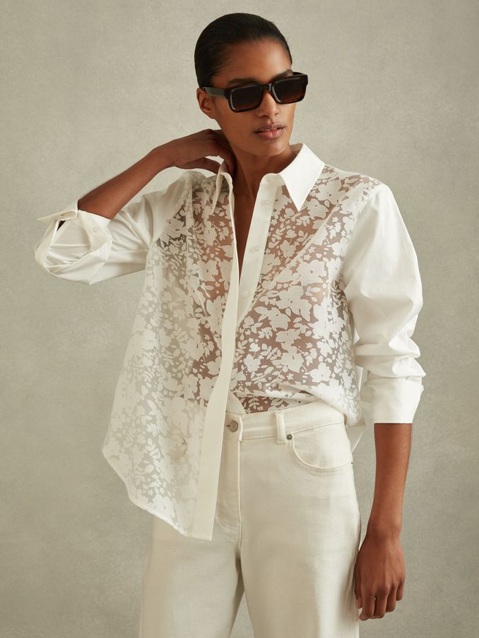 Cotton Burnout Floral Shirt in Ivory (B14968) | CHF 122