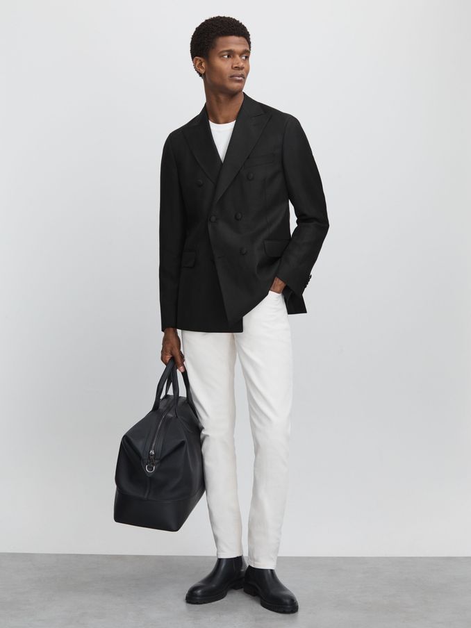 Oscar Jacobson Wool-Linen Double Breasted Blazer in Black (B15183) | US$455