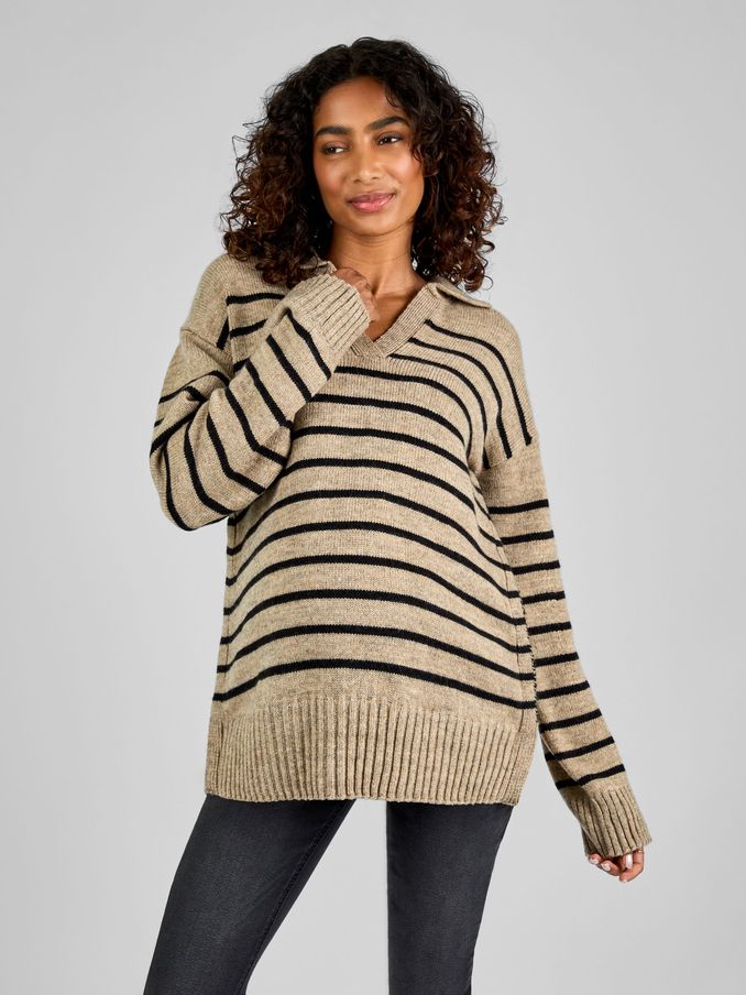 Oatmeal & Black Stripe Collared Maternity & Nursing Jumper (B15255) | $68