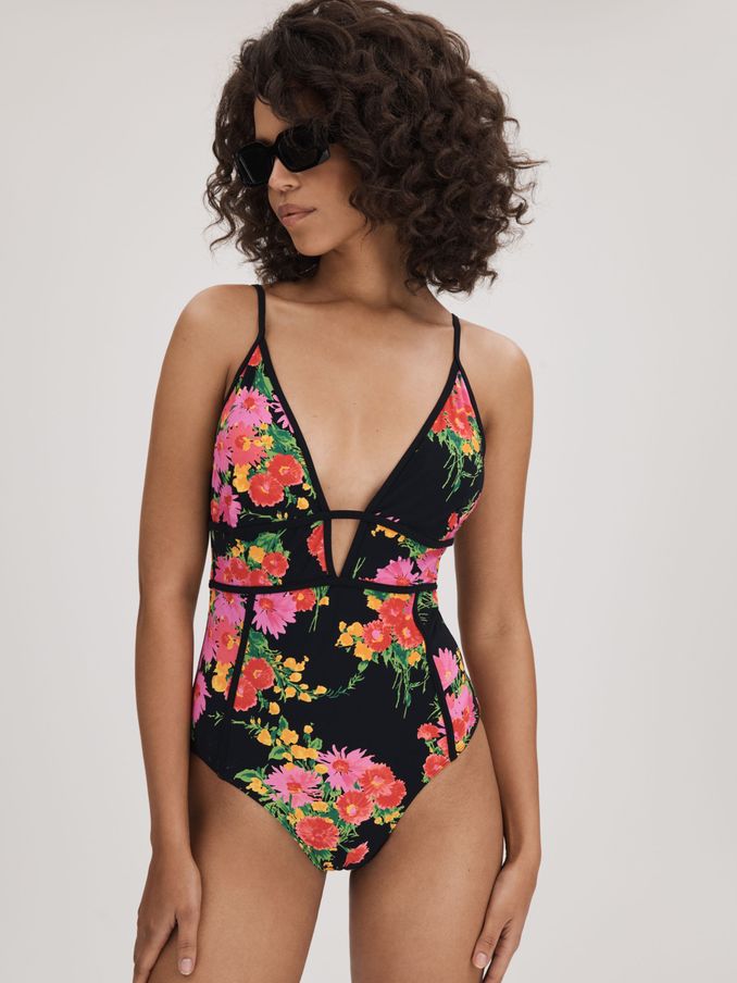 Florere Printed Plunge Neck Swimsuit in Pink/Black (B15844) | US$47