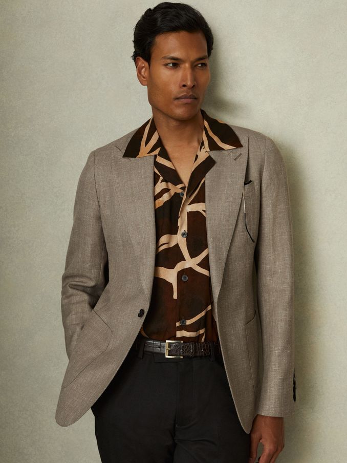 Clutch Mid Brown Wool Blend Textured Slub Single Breasted Blazer (B16768) | US$153