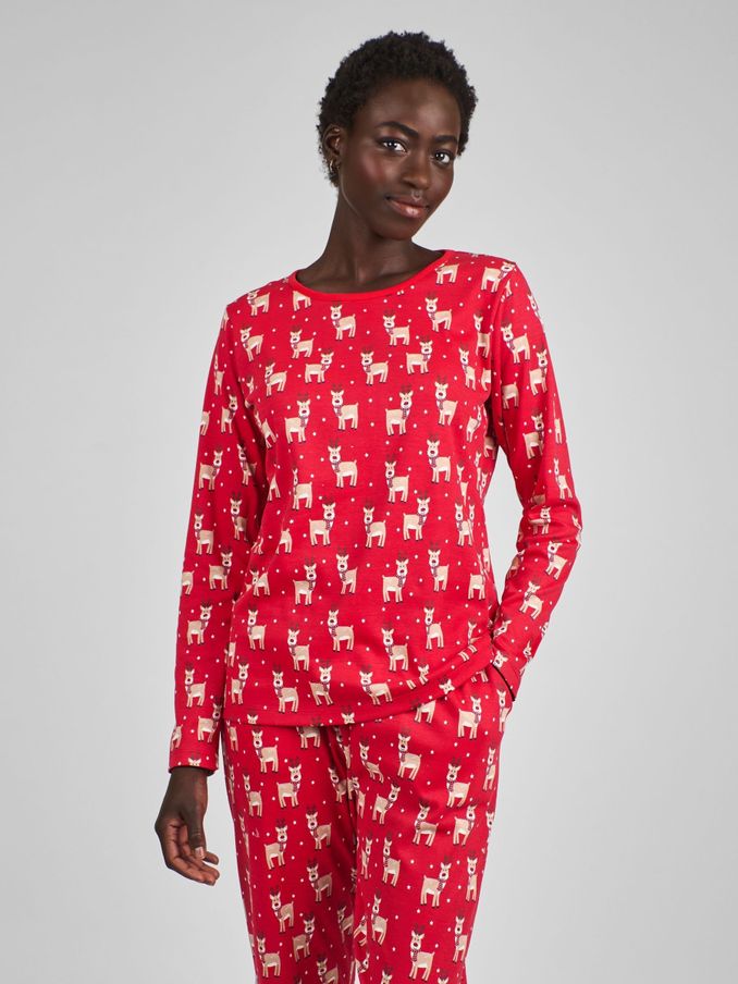 Red Womens Reindeer Print Pyjamas Set (B16901) | $22