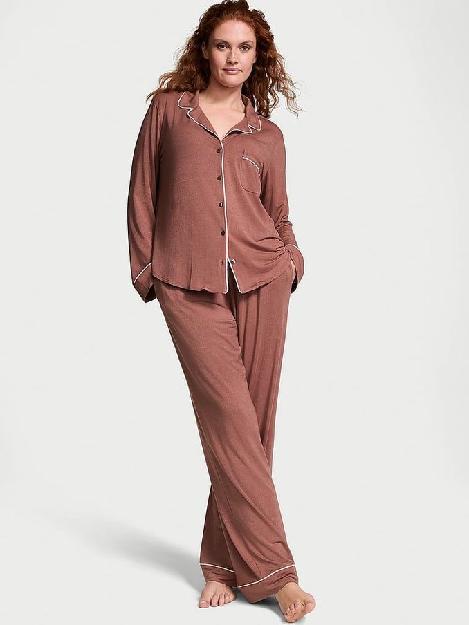 Vintage Rose Pink Lurex Stripe Modal Long Pyjama Set (B20575) | €68