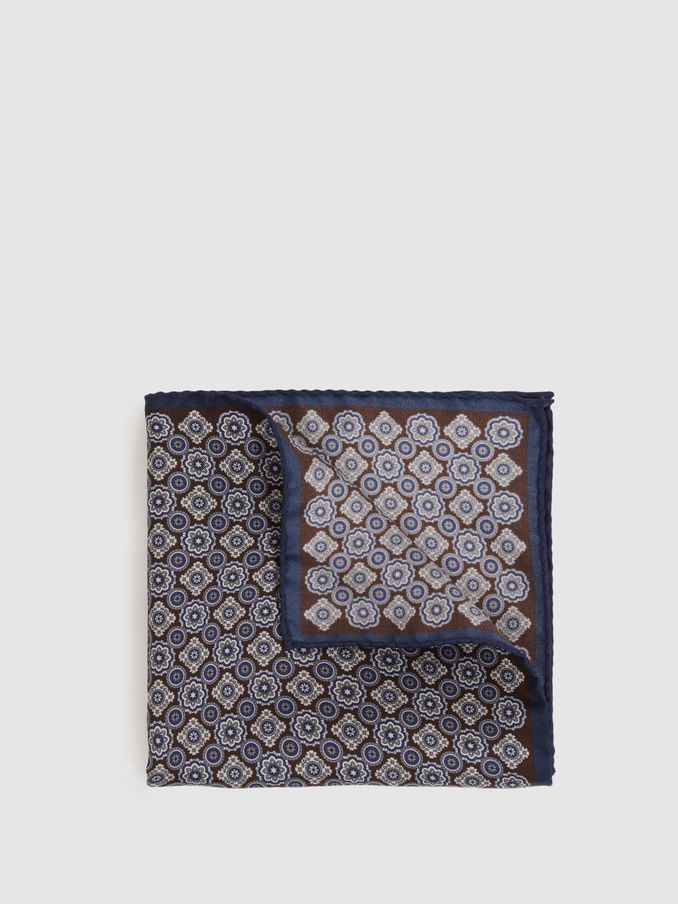 Salerno Navy/Chocolate Silk Medallion Print Pocket Square (B20896) | €11