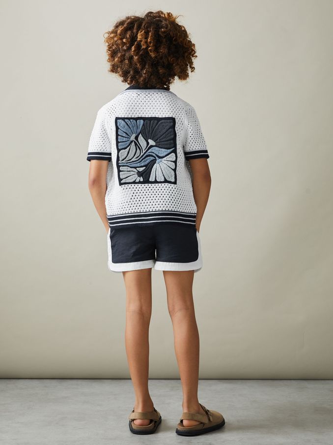 9-13 yrs Open-Stitch Geborduurd Cubaans Kraag Shirt in Wit/Blauw (B21801) | € 35