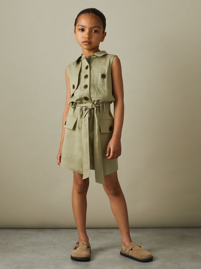 4-9 yrs Utility Style Belted Dress in Khaki (B21956) | US$42