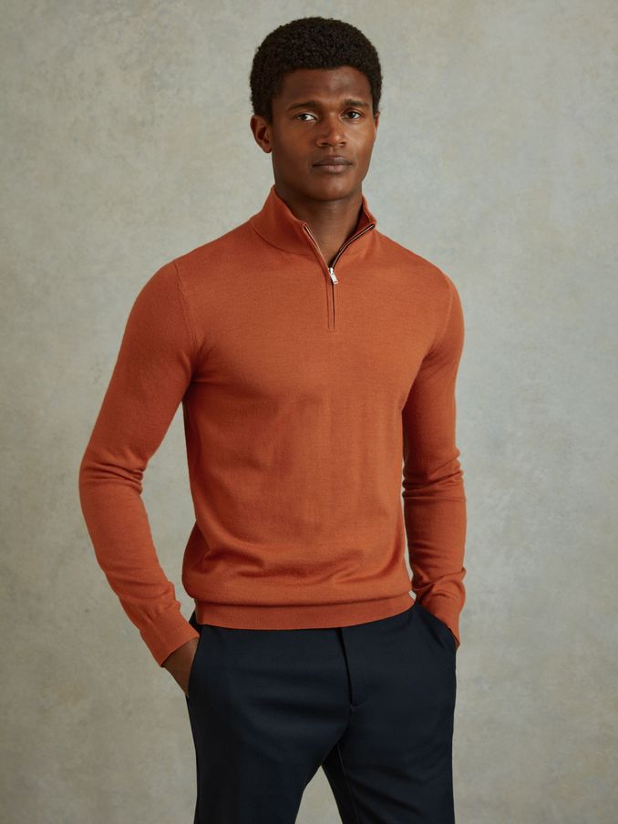 Merino Wool Half-Zip Polo Shirt in Hot Orange (B22283) | $96