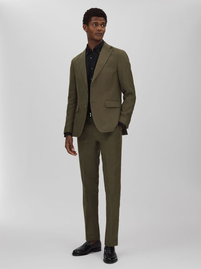 Oscar Jacobson Linen Double Breasted Blazer in Green (B23522) | US$330