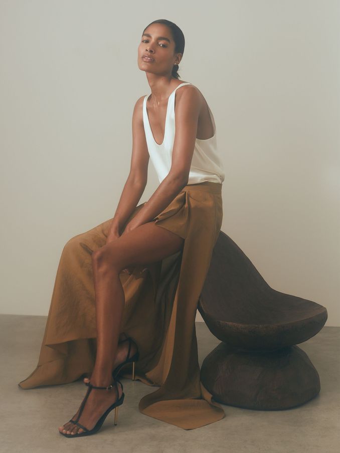 Atelier Drape Front Maxi Skirt in Toffee (B24833) | HK$2,041